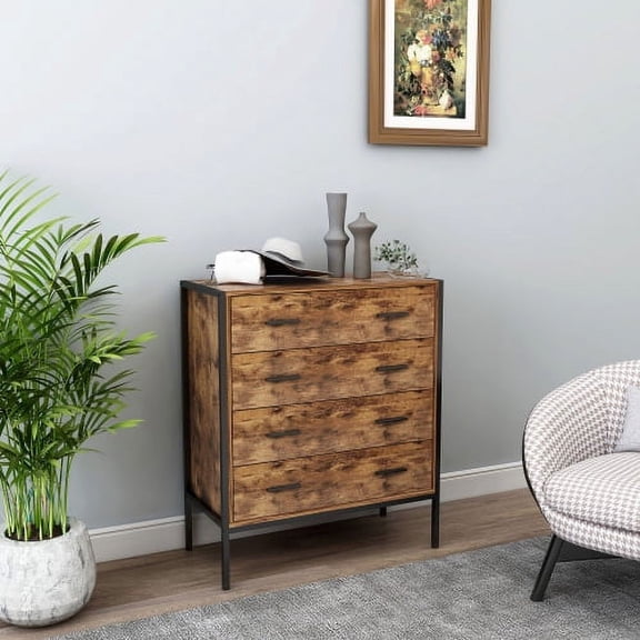 Industrial Dresser 4-Drawer Storage Cabinet, Steel Frame Chest Organizer for Bedroom Living Room, Space Saving Furniture, Brown