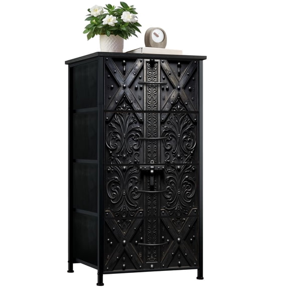 Industrial Dresser for Bedroom with 4 Storage Drawers Ornate Black Gothic Metal Door Symmetrical Floral Scrollwork Dressers Chest of Drawers Steel Framed Fabric Closet Organizers for Dorm Entryway