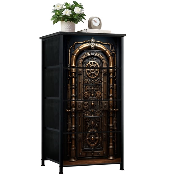 Industrial Dresser for Bedroom with 4 Storage Drawers Steampunk Mechanical Door Intricate Gears Bronze Pipes Dressers Chest of Drawers Steel Framed Fabric Closet Organizers for Dorm Entryway