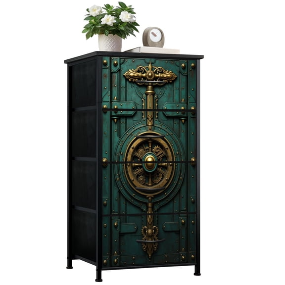 Industrial Dresser for Bedroom with 4 Storage Drawers Steampunk Mechanical Lock Door Brass Gears Teal Metal Dressers Chest of Drawers Steel Framed Fabric Closet Organizers for Dorm Entryway