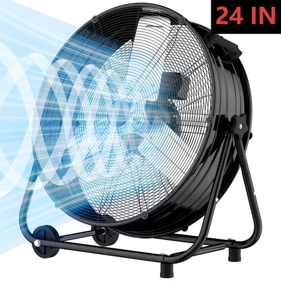 Industrial Drum Fan 24", High Velocity, 5650 CFM, 3-Speed, Heavy Duty Metal Fan for Commercial, Factory(Black)