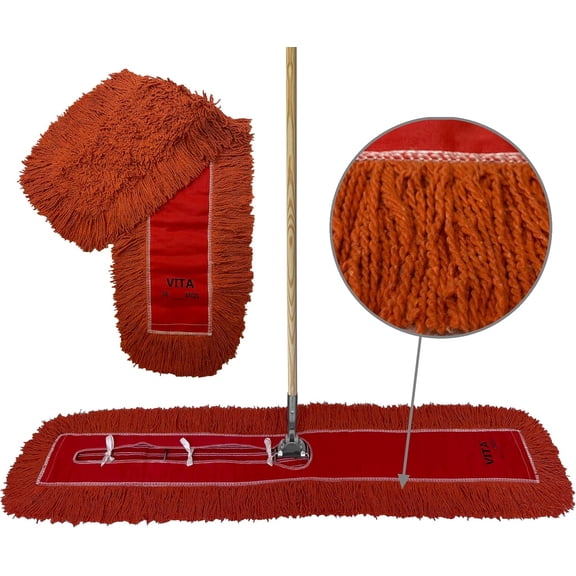 Industrial Dust Mop Kit – Includes 48 Inch Orange Twisted Closed Loop Mop Head, Wood Handle, and Heavy-Duty Wire Frame – Commercial Grade for Janitorial & Facility Cleaning