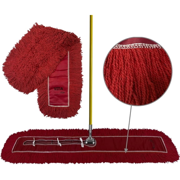 Industrial Dust Mop Kit – Includes 5 Inch Wide Closed Loop Mop Head, Fiberglass Handle, and Heavy-Duty Wire Frame – Commercial Grade - Red 60 Inch