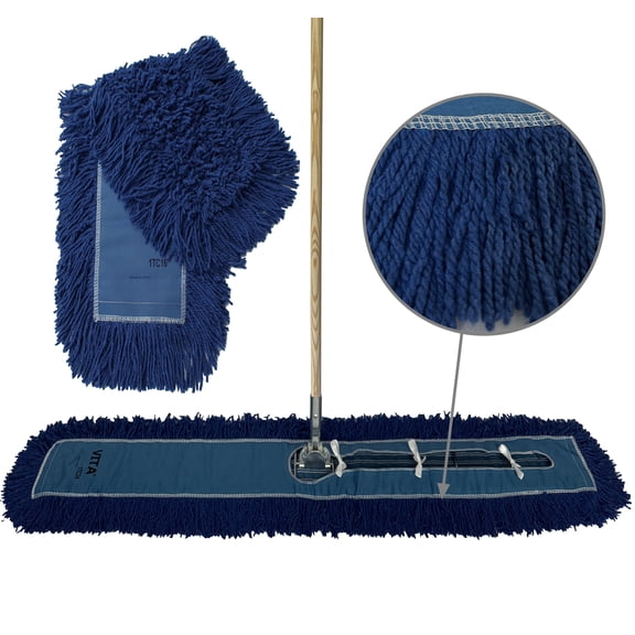 Industrial Dust Mop Kit – Includes 60 Inch Blue Twisted Closed Loop Mop Head, Wood Handle, and Heavy-Duty Wire Frame – Commercial Grade for Janitorial & Facility Cleaning