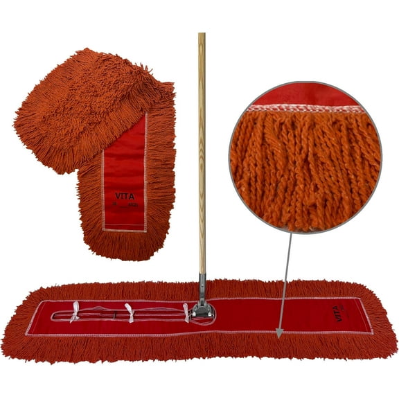 Industrial Dust Mop Kit Includes 60 Inch Orange Twisted Closed Loop Mop Head, Wood Handle, and Heavy-Duty Wire Frame Commercial Grade for Janitorial & Facility Cleaning