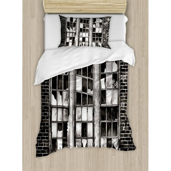 Industrial Duvet Cover Set, Broken Window Missing Glass Pane Derelict Blight Factory Brick Wall, Decorative 2 Piece Bedding Set with 1 Pillow Shams, Twin Size, Charcoal Grey Pale Grey, by Ambesonne