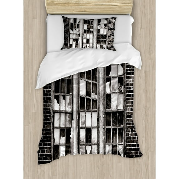 Industrial Duvet Cover Set, Broken Window Missing Glass Pane Derelict Blight Factory Brick Wall, Decorative 2 Piece Bedding Set with 1 Pillow Shams, Twin Size, Charcoal Grey Pale Grey, by Ambesonne