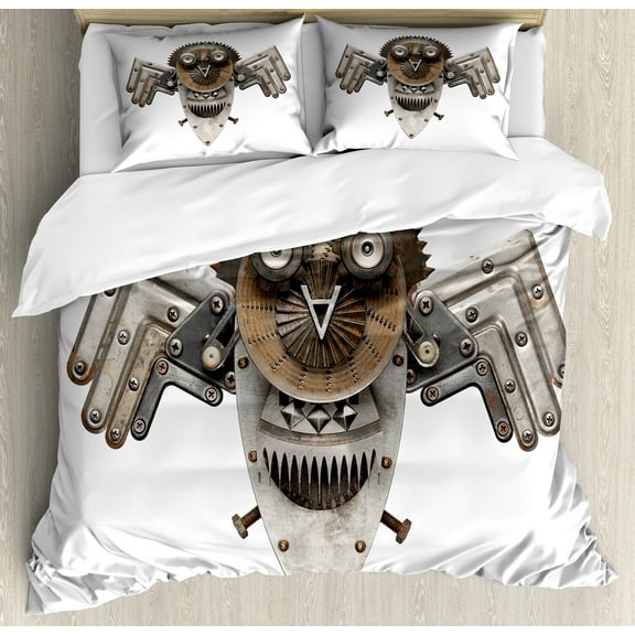 Industrial Duvet Cover Set, Collage with Owl Cog Hardware Gear Machinery Animal Print, Decorative 3 Piece Bedding Set with 2 Pillow Shams, Queen Size, Grey White Brown, by Ambesonne
