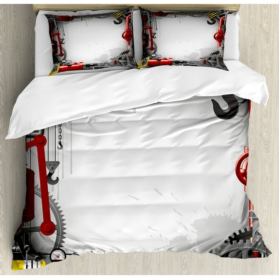 Industrial Duvet Cover Set, Engineering Themed Gears Levers and Meters Flue Lifting Crane, Decorative 3 Piece Bedding Set with 2 Pillow Shams, Queen Size, Orange Yellow Grey, by Ambesonne