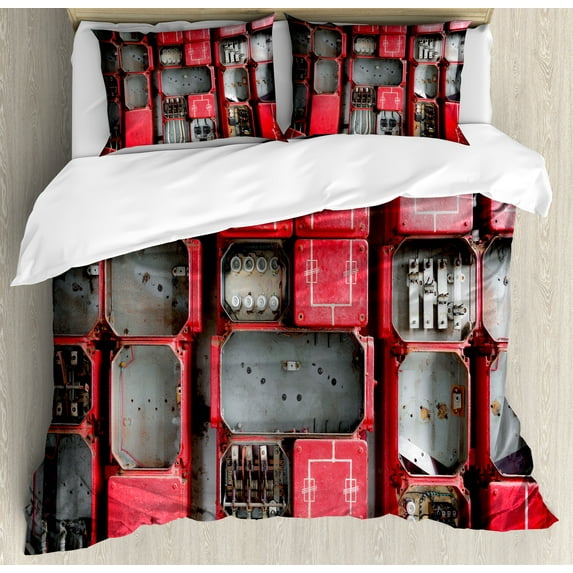 Industrial Duvet Cover Set, Fuse Cabinet Close up Photo Industrial Type Junction Cables Box Electricity, Decorative 3 Piece Bedding Set with 2 Pillow Shams, Queen Size, Red White Grey, by Ambesonne