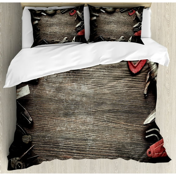 Industrial Duvet Cover Set, Grungy Tools on a Wooden Board Manual Manufacturing Repairing in Workshop, Decorative 3 Piece Bedding Set with 2 Pillow Shams, Queen Size, Brown Grey Red, by Ambesonne