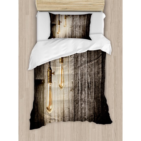 Industrial Duvet Cover Set, Historical Innovation Edison Revival Retro Electricity Wooden Planks, Decorative 2 Piece Bedding Set with 1 Pillow Shams, Twin Size, Pale Yellow Brown, by Ambesonne