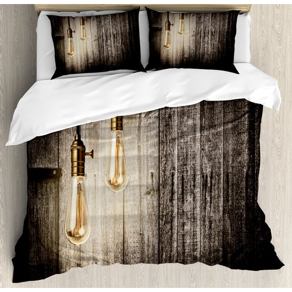 Industrial Duvet Cover Set, Historical Innovation Edison Revival Retro Electricity Wooden Planks, Decorative 3 Piece Bedding Set with 2 Pillow Shams, Calking Size, Pale Yellow Brown, by Ambesonne