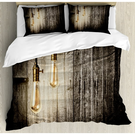 Industrial Duvet Cover Set, Historical Innovation Edison Revival Retro Electricity Wooden Planks, Decorative 3 Piece Bedding Set with 2 Pillow Shams, Calking Size, Pale Yellow Brown, by Ambesonne