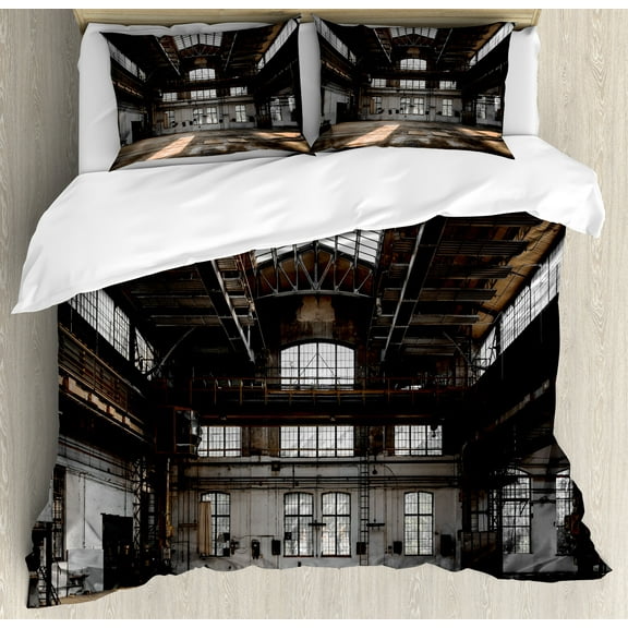 Industrial Duvet Cover Set, Inside a Hangar Old Architecture Construction Urban Life Timeworn Windows, Decorative 3 Piece Bedding Set with 2 Pillow Shams, King Size, Brown White Grey, by Ambesonne