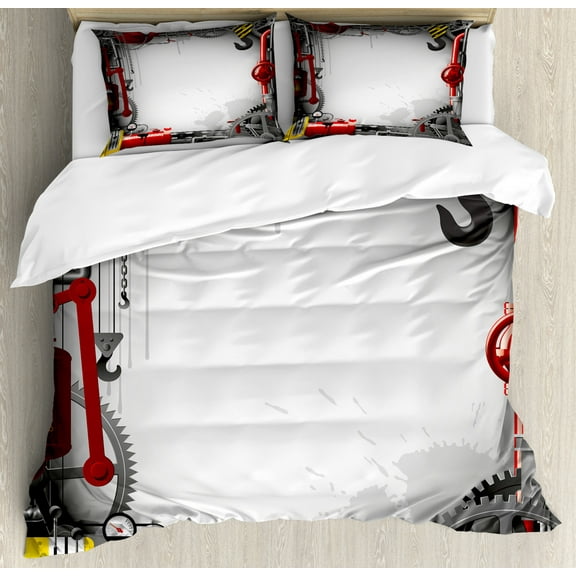 Industrial Duvet Cover Set, Engineering Themed Gears Levers and Meters Flue Lifting Crane, Decorative 3 Piece Bedding Set with 2 Pillow Shams, King Size, Orange Yellow Grey, by Ambesonne