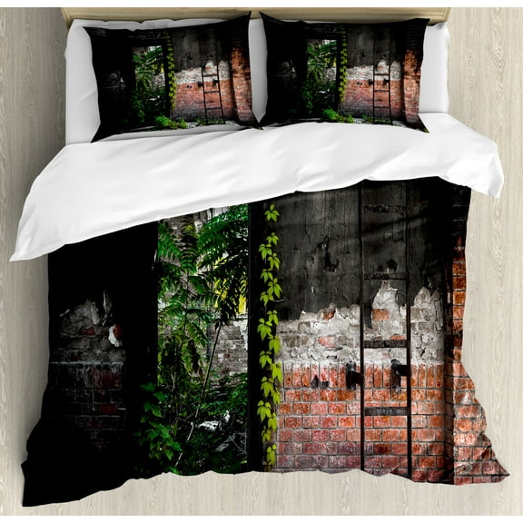 Industrial Duvet Cover Set King Size, Old Door Opening in a Desolate Industry Building Brick Wall with Ivy Plants, Decorative 3 Piece Bedding Set with 2 Pillow Shams, Multicolor, by Ambesonne