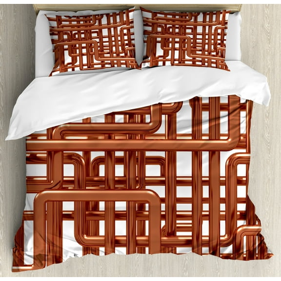 Industrial Duvet Cover Set, Knot Complex Design with Entangled Lines Hardware Industry Art, Decorative 3 Piece Bedding Set with 2 Pillow Shams, King Size, Umber White, by Ambesonne