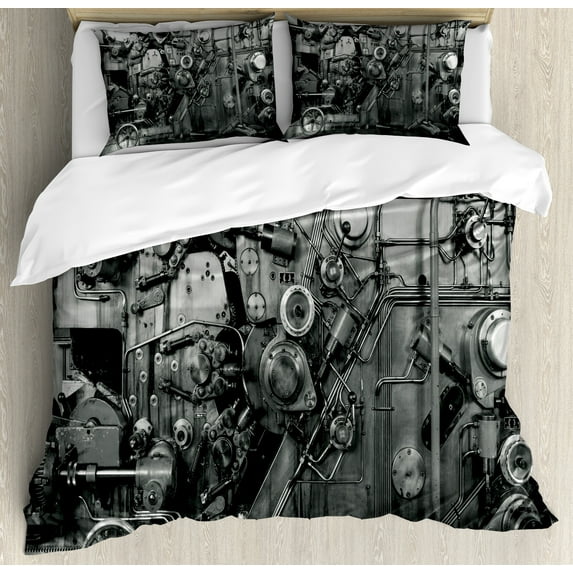 Industrial Duvet Cover Set, Modern Times Detail of Rusted Machine in Factory Physical Equipment Process, Decorative 3 Piece Bedding Set with 2 Pillow Shams, King Size, Black and White, by Ambesonne
