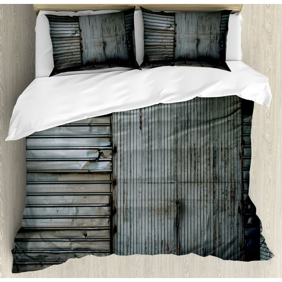 Industrial Duvet Cover Set, Obsolete Zinc Plated Steel Door Padlock Locked Door Warehouse Print, Decorative 3 Piece Bedding Set with 2 Pillow Shams, Calking Size, Green Brown and Grey, by Ambesonne