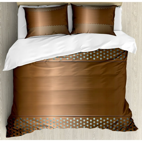 Industrial Duvet Cover Set, Perforated Grid Plate Steel Dots Illustration Futuristic Technology Theme, Decorative 3 Piece Bedding Set with 2 Pillow Shams, Calking Size, Umber Ombre, by Ambesonne
