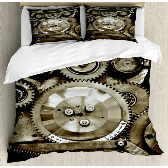 Industrial Duvet Cover Set, Pieces of Old Mechanism Close up Gears View Grunge Antique Cogs Technical Image Print, Decorative 3 Piece Bedding Set with 2 Pillow Shams, King Size, Sepia, by Ambesonne