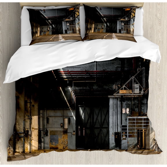 Industrial Duvet Cover Set Queen Size, Dark Industrial Interior of an Old Building Place of Manufacturing Hangar Print, Decorative 3 Piece Bedding Set with 2 Pillow Shams, Multicolor, by Ambesonne
