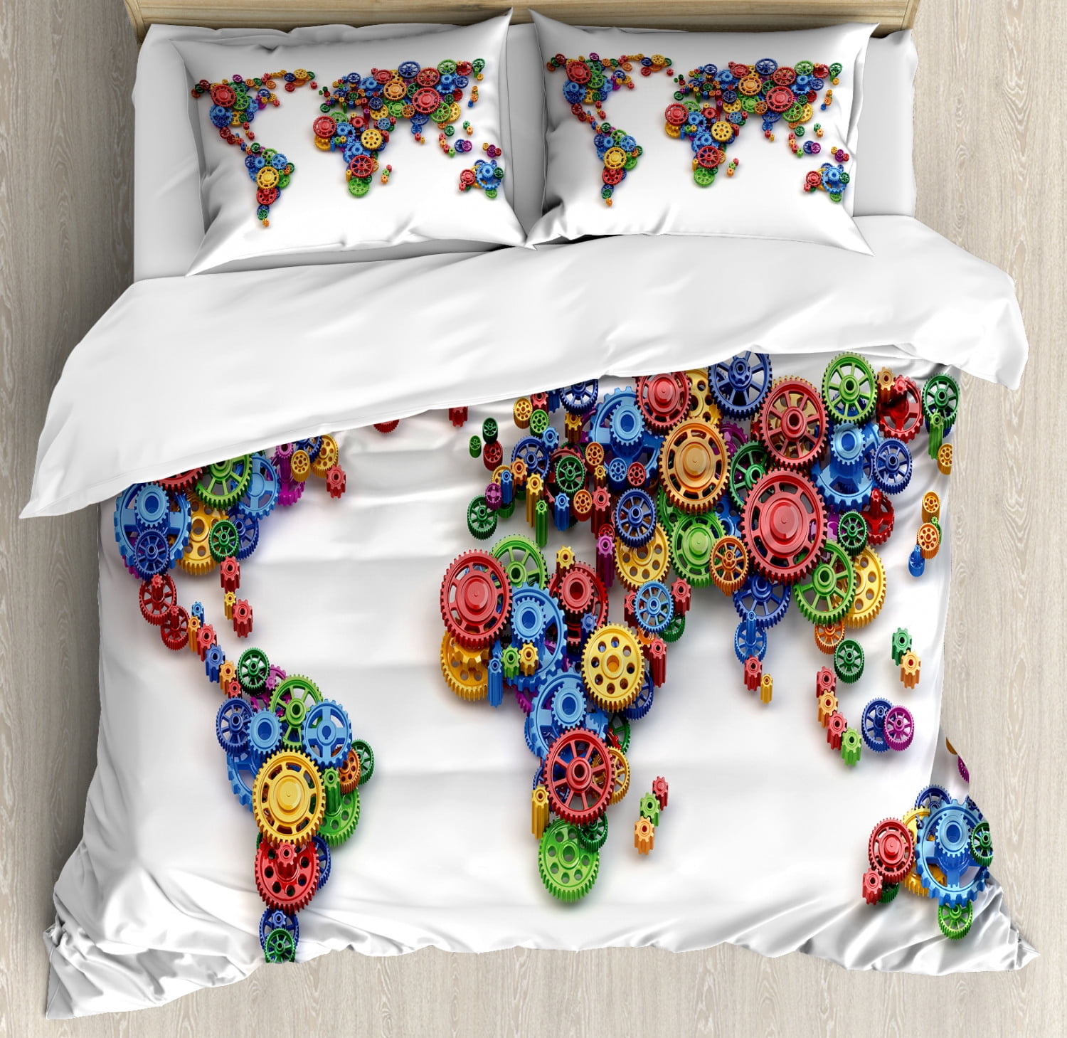 Industrial Duvet Cover Set Queen Size, Map of the World Colorful Gears ...