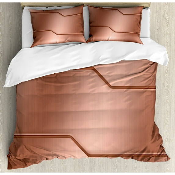 Industrial Duvet Cover Set Queen Size, Realistic Looking Steel Surface Digital Print Plate Image Technology Inspired Design, Decorative 3 Piece Bedding Set with 2 Pillow Shams, Rose, by Ambesonne
