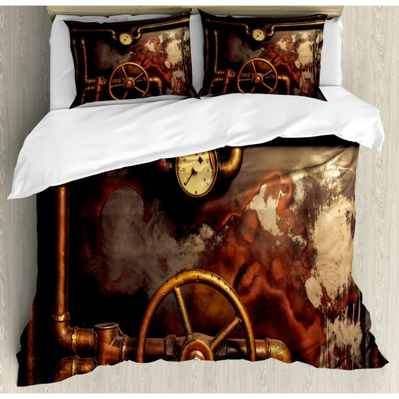 Industrial Duvet Cover Set Queen Size, Steam Pipes and Pressure Gauger Vintage Style Damaged Timeworn Engine, Decorative 3 Piece Bedding Set with 2 Pillow Shams, Bronze Dark Orange, by Ambesonne