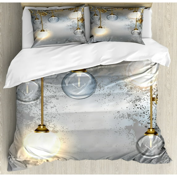 Industrial Duvet Cover Set Queen Size, Steampunk Style Antique Composition Brass Fastening Round Figures Print, Decorative 3 Piece Bedding Set with 2 Pillow Shams, Yellow Grey White, by Ambesonne
