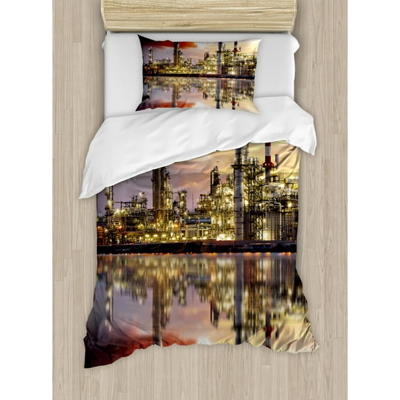 Industrial Duvet Cover Set Twin Size, Oil Refinery Petrochemical Industry Water Reflection and Dramatic Sky Twilight, Decorative 2 Piece Bedding Set with 1 Pillow Sham, Multicolor, by Ambesonne