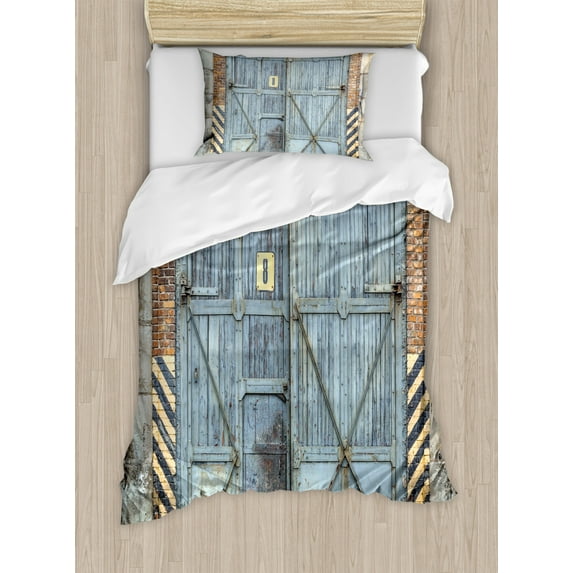 Industrial Duvet Cover Set Twin Size, Old Wooden Factory Gate with Warning Signs Industrial Change Modern Techno Theme, Decorative 2 Piece Bedding Set with 1 Pillow Sham, Multicolor, by Ambesonne