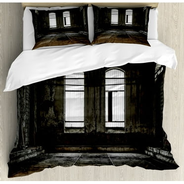 Industrial Duvet Cover Set, Vintage Style Grunge Floor Walls and Windows Messy Aged Wrecked Workshop, Decorative 3 Piece Bedding Set with 2 Pillow Shams, Calking Size, White Dark Brown, by Ambesonne