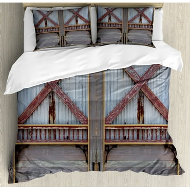 Industrial Duvet Cover Set, Zinc Style WoodenDoor Image Street Construction Window Covered Plank Print, Decorative 3 Piece Bedding Set with 2 Pillow Shams, Calking Size, Brown and Grey, by Ambesonne