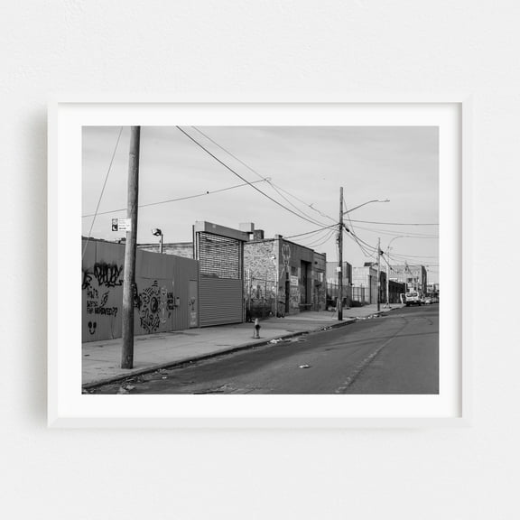 Industrial East Williamsburg 01 B&W - Brooklyn New York Photography Street Photography Black and White Graffiti City Architecture Vintage White Framed Wall Art Print 8 x 10 inches