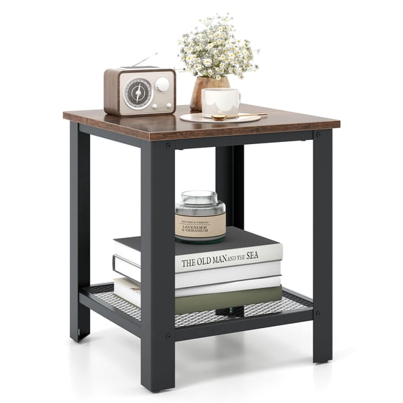 Industrial End Table 2-Tier Side Table W/ Shelf Rustic Sofa Table Home Black