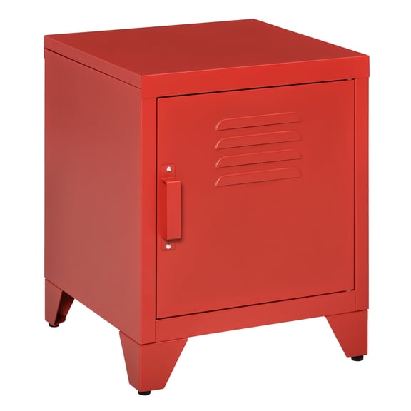 Industrial End Table, Living Room Side Table with Locker-Style Door and Adjustable Shelf, Red