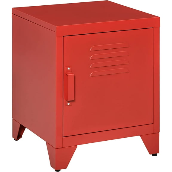 Industrial End Table, Living Room Side Table with Locker-Style Door and Adjustable Shelf, Red