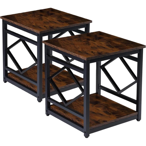 Industrial End Table Side Table with Storage 18" *18", Square Wood End Table Stand for Mini Fridge Living Room Bedroom Room Corner Dorm Night Stand with Storage Metal Frames