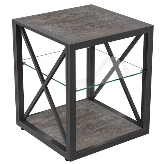 Industrial End Table-Tempered Glass & Wood Grain MDF for Bedroom
