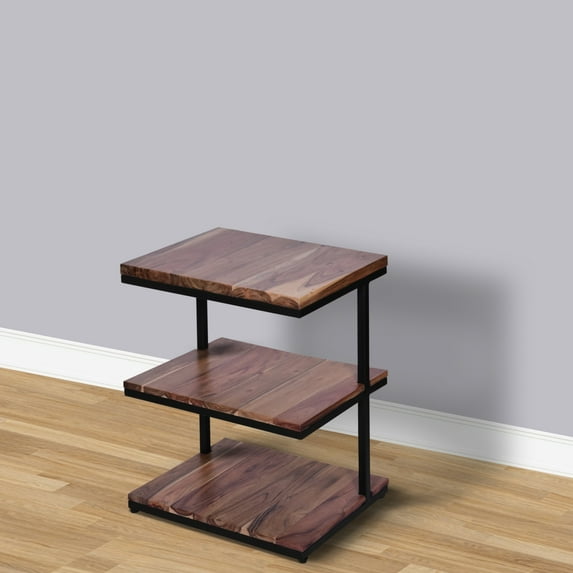 Industrial End Table with 3 Tier Wooden Shelves and Metal Frame, Brown and Black- Saltoro Sherpi