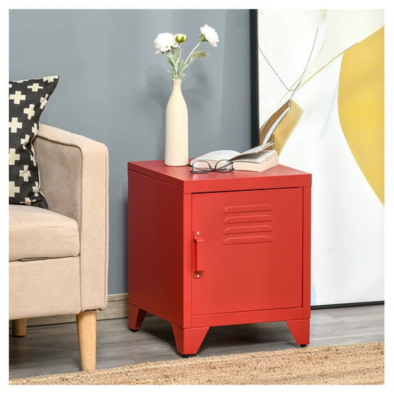 Industrial End Table with Door & Shelf, Red Side Table for Living Room, Bedroom - Metal Storage Unit, Adjustable Shelf, 15.75x15.75x19.75 Inch