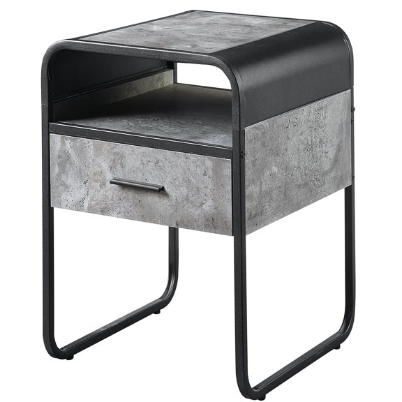 Industrial End Table with Drawer, Concrete Grey and Black Finish, Metal Frame Accent Table for Living Room, Bedroom or Office