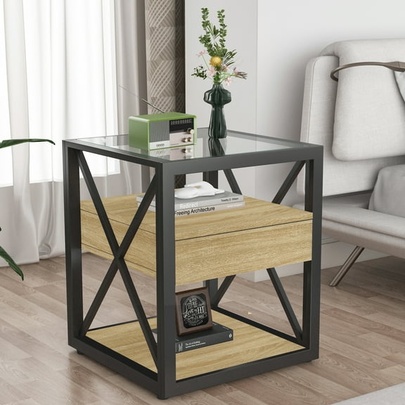 Industrial End Table with Drawer, Modern Side Table or Nightstand with Tempered Glass Top and Sturdy Metal X-Frame, Natural Wood MDF, 3-Tier Storage