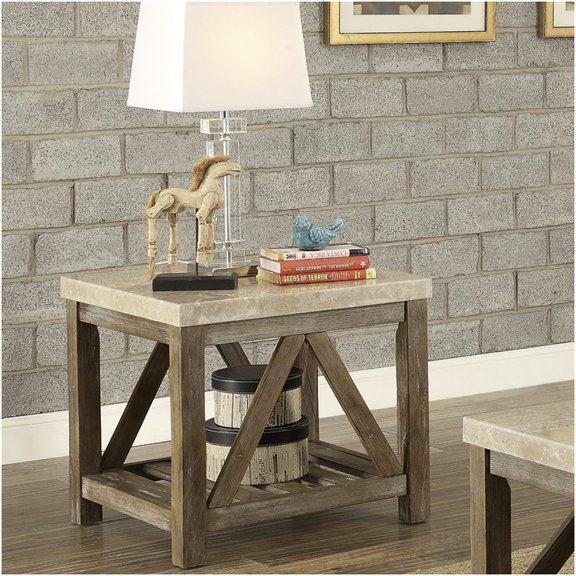 Industrial End Table with Marble Top and Lower Shelf, Creamy White Wooden Sofa Side Table for Living Room, Farmhouse Industrial Accent Table