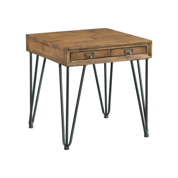 Industrial End Table with Pull-Out Tray & Hairpin Legs - Light Walnut