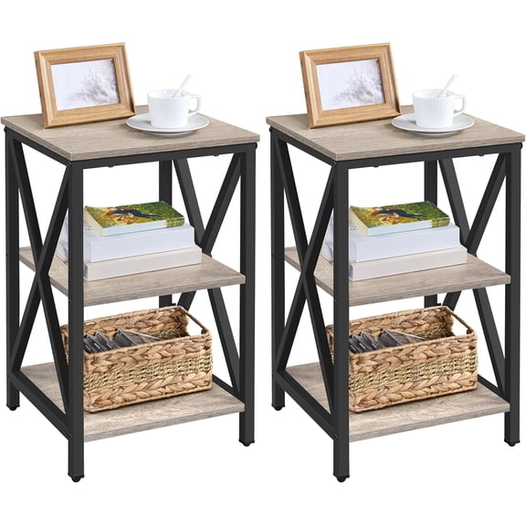 Industrial End Tables Set of 2, 3-Tier Side Tables with Storage Shelves for Living Room, X Design Sofa Tables, Strong Metal Frame, Easy Assembly, 16x16x24.5 in, Gray