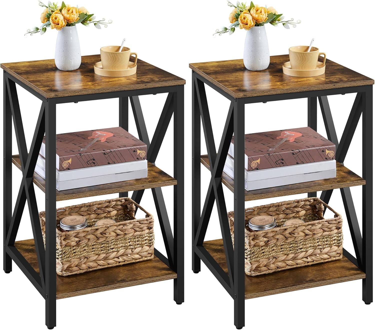 Industrial End Tables Set of 2, 3-Tier Side Tables with Storage Shelves ...