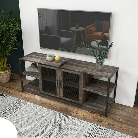 Industrial Entertainment Center, Wood TV Stand, TV Stand for TV's up to 70", Farmhouse Industrial TV Console with Metal Barn Door, Corner TV Cabinet for Bedroom Living Room